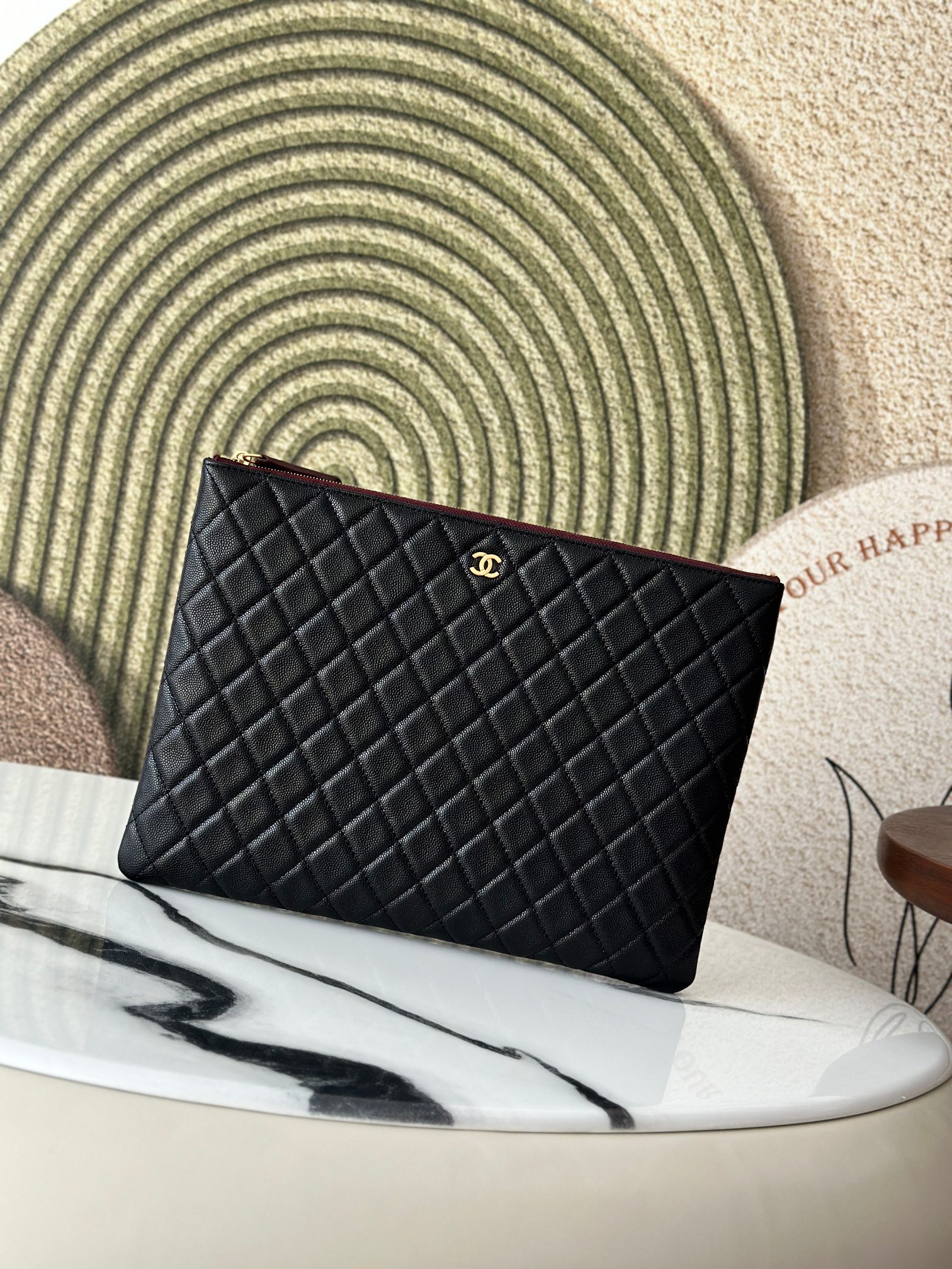 Classic Quilted Caviar Large Zip Pouch Document Case in Black with Gold-Tone Hardware - Mocuir