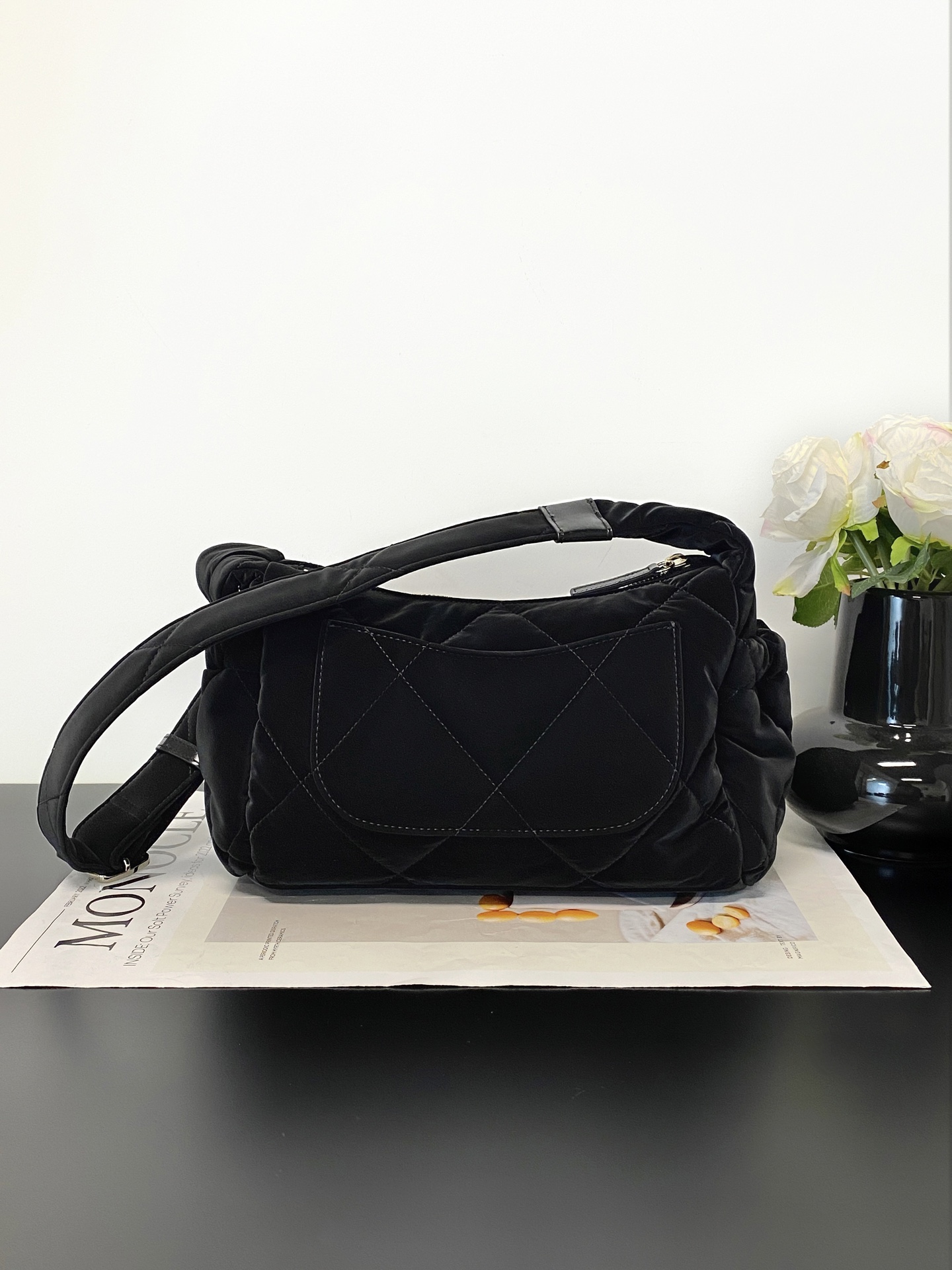 25N Ski Collection Hobo Bag in Black Technical Suede Nylon with Gold Hardware (Model AM7140) - Mocuir