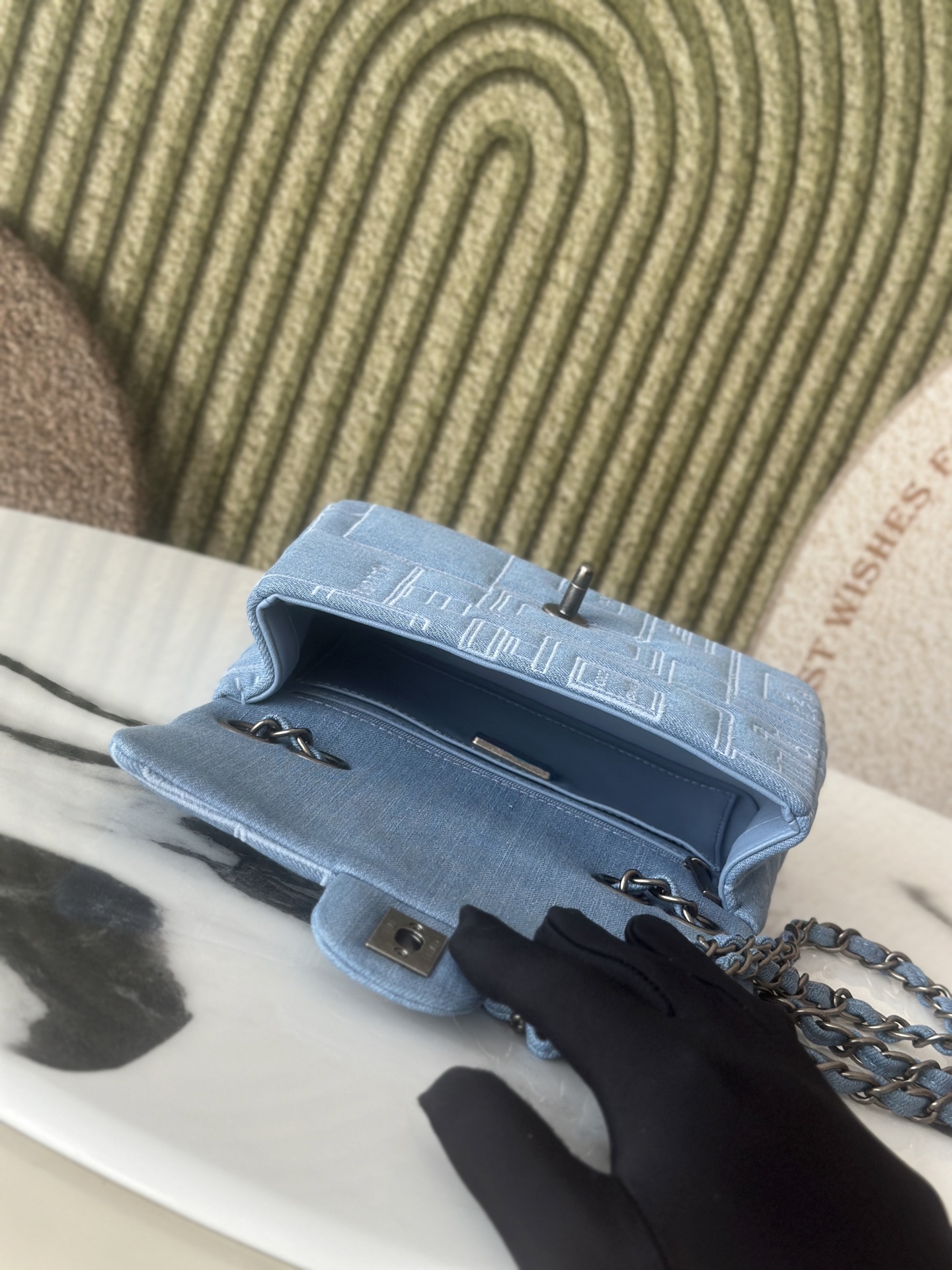 Classic Single Flap Bag in Light Blue Denim with Perfume Bottle Print (Silver Hardware) - Mocuir