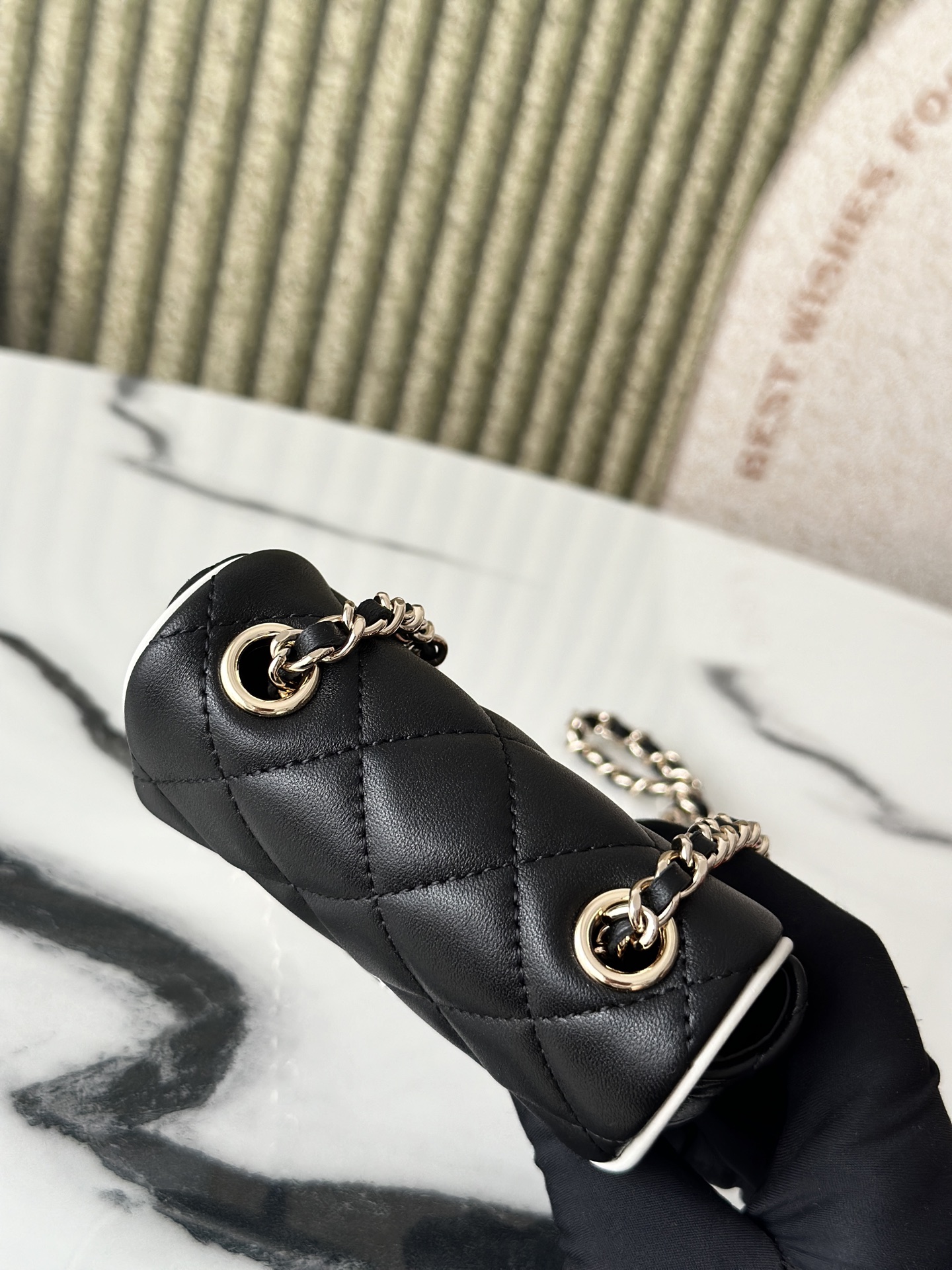 Mini Classic Flap in Black Quilted Lambskin with White Piping and SilverGold-Tone Hardware - Mocuir