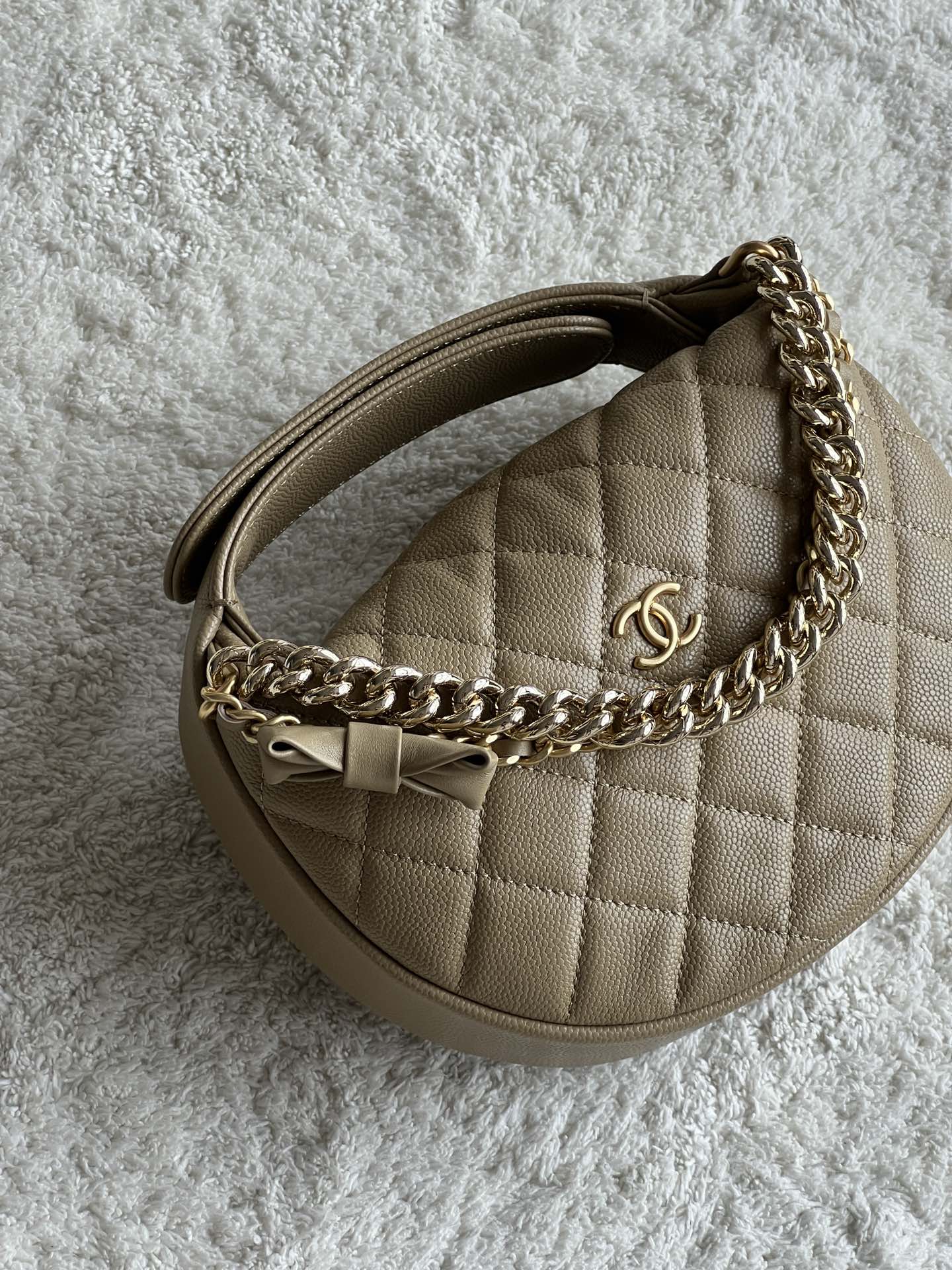 24S Half Moon Hula Hoop Bag in Dark Beige Quilted Caviar Leather with Light Gold-Tone Hardware and Bow Detail - Mocuir