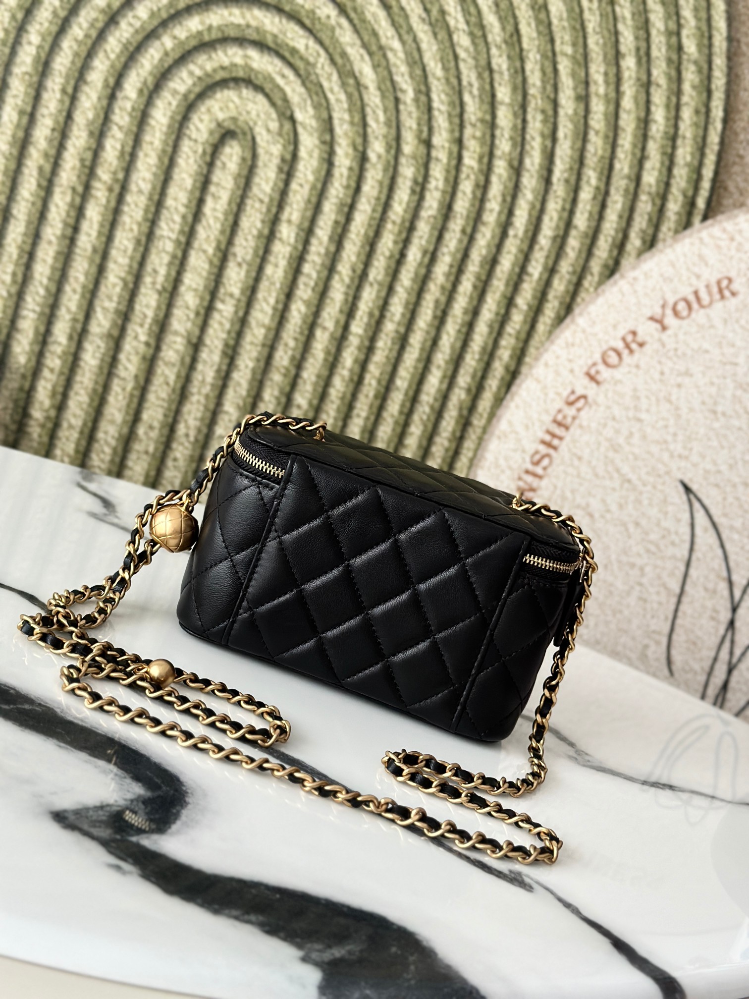 Mini Rectangular Vanity Case with Adjustable Ball Chain in Black Quilted Lambskin with Gold-Tone Hardware - Mocuir