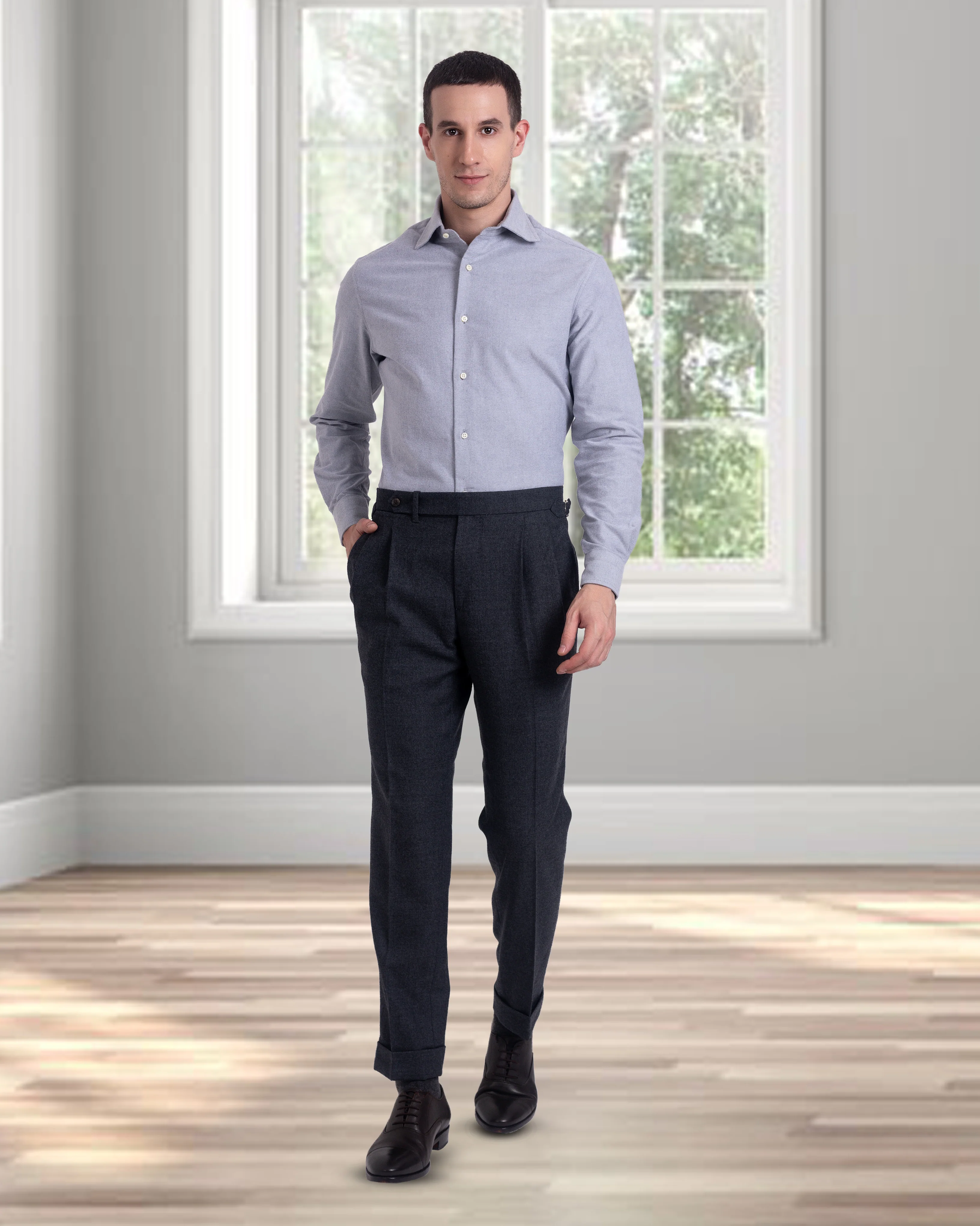 Pleated Dark Grey Wool Flannel Dress Pant