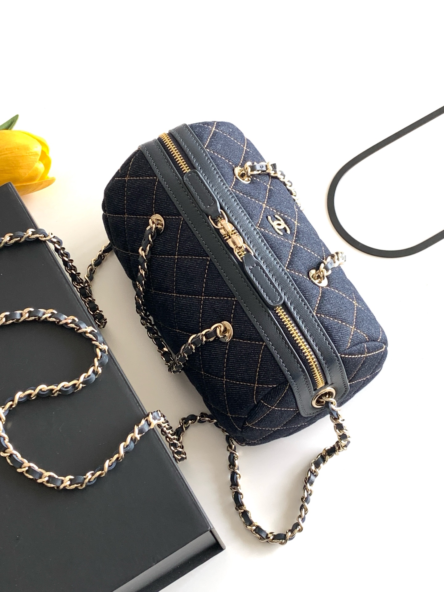 26P Pre-Collection Denim Quilted LP Lunch Box Bowling Bag in Dark Blue with Gold Hardware (Model AS4836) - Mocuir