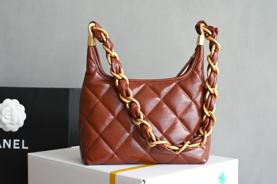 Small Hobo Bag in Caramel Quilted Waxed Lambskin with Vintage Gold-Tone Metal (Model AS4922) - Mocuir