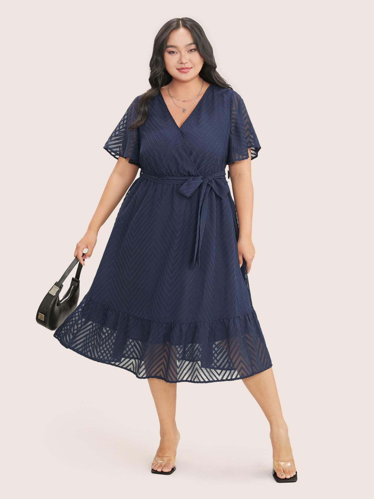 Plain Geometric Pocket Mesh Ruffle Sleeve Belted Wrap Dress