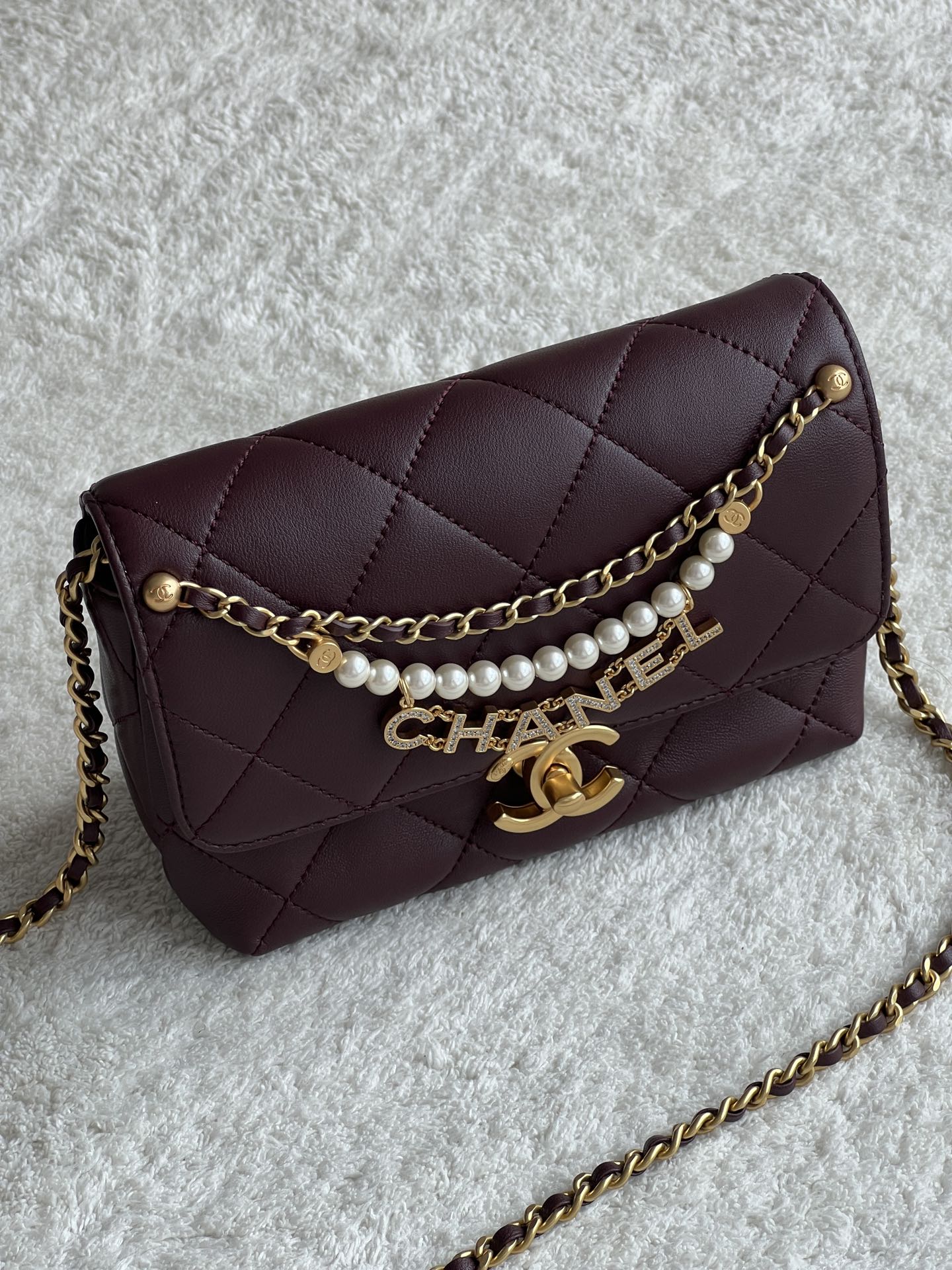 24A Mini Classic Flap Bag in Burgundy Quilted Lambskin with Pearl & Crystal CHANEL Letter Chain and Light Gold-Tone Hardware (AS4997) - Mocuir
