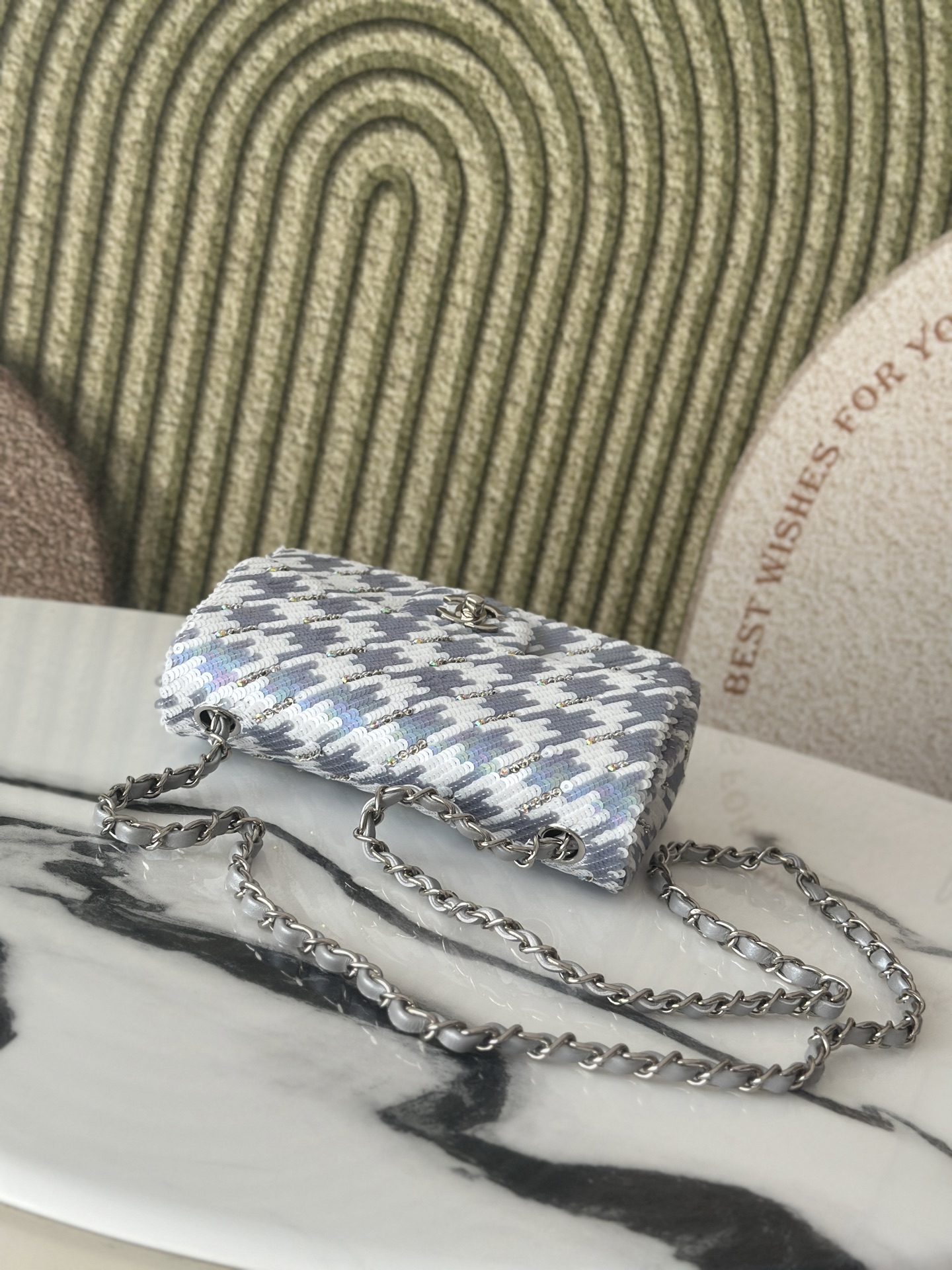 Limited Edition Silver Grey & White Houndstooth Sequin & Strass Mini Classic Flap Bag with Silver-Tone Hardware - Mocuir