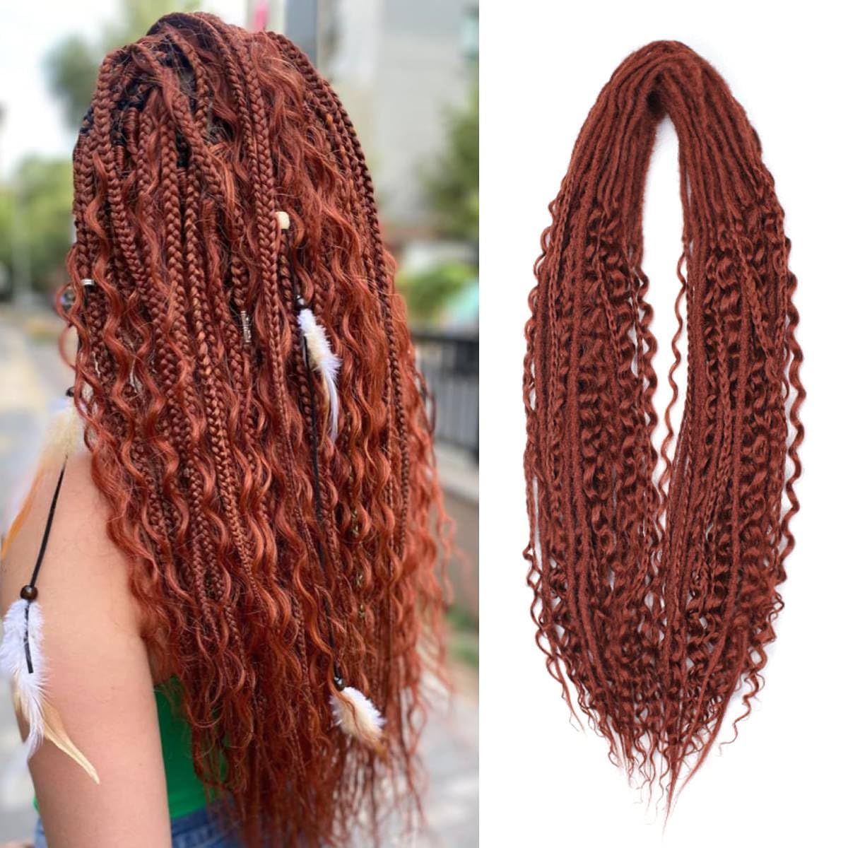 24 Inch 3 In 1 Dreadlock Extensions Sets, 30 Strands Mixed Copper Red Synthetic DE Dreads Extensions, 100% Handmade Soft Double Ended Curly Boho Wavy Dreads for Girls