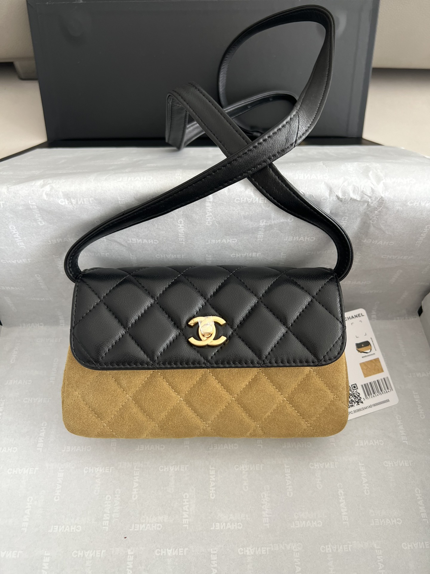 25A Lambskin & Suede Quilted Flap Bag in Black & Camel with Gold-Tone Hardware - Mocuir