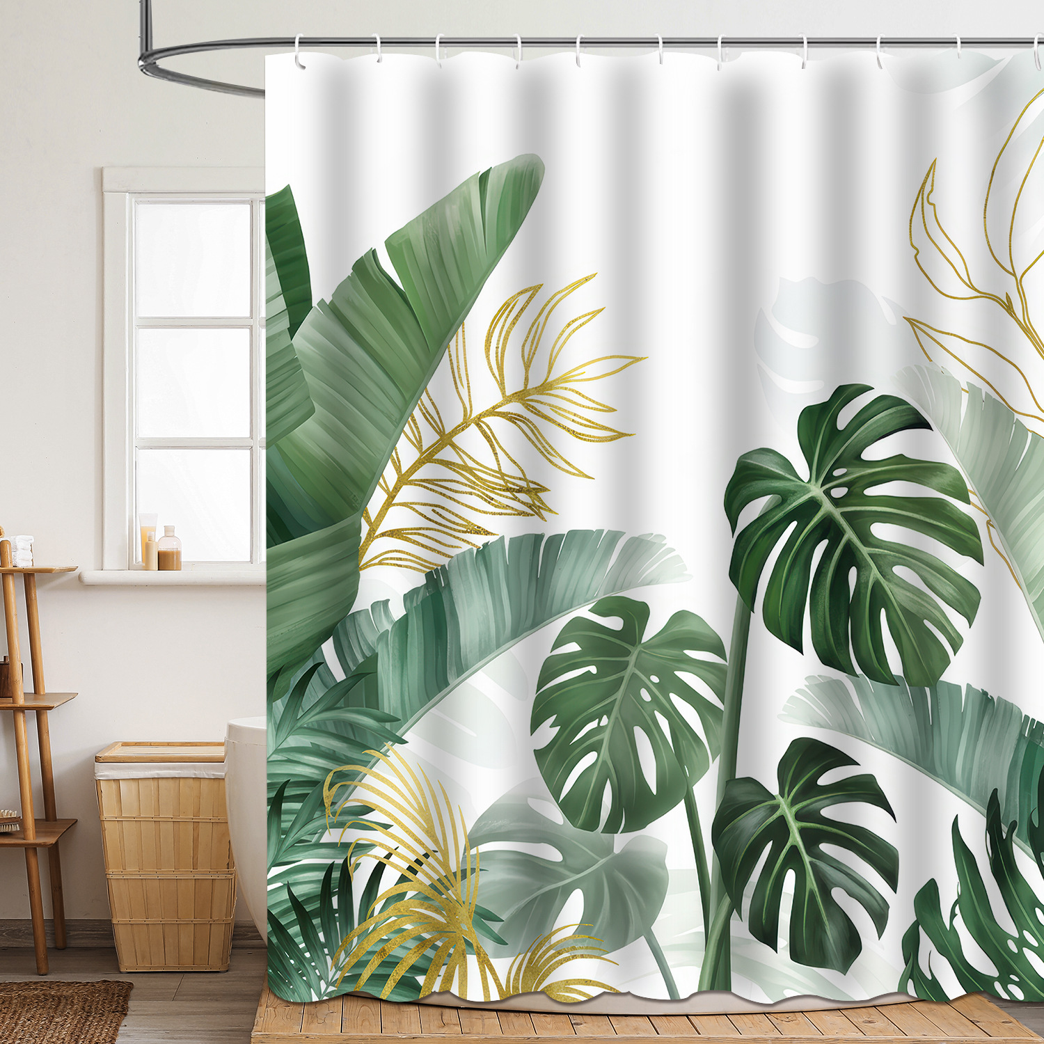 Shower curtain green plant leaf polyester 3d digital printing waterproof and mildew-proof shower bathroom partition