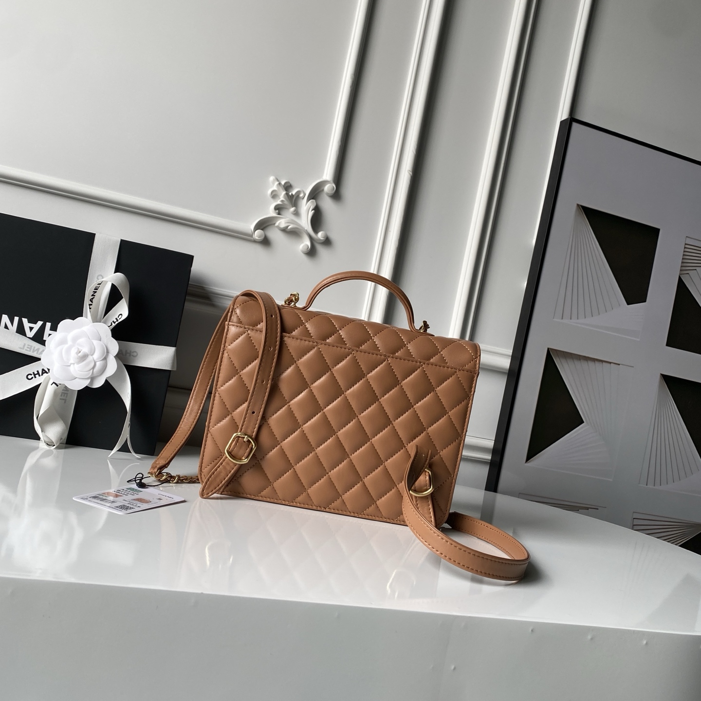 Top Handle Flap Messenger Backpack in Caramel Quilted Lambskin with Light Gold-Tone Hardware - Mocuir