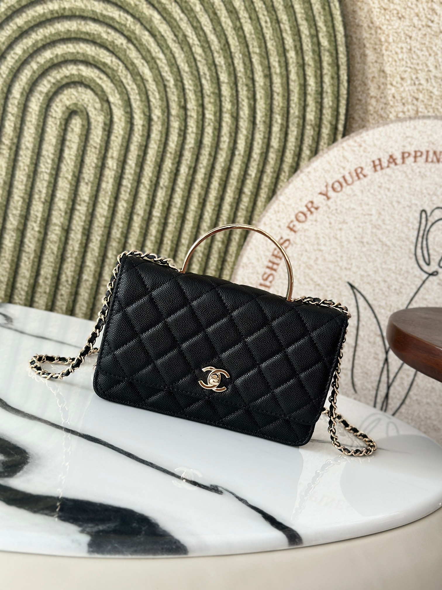 Wallet on Chain with Top Handle in Black Quilted Caviar Leather with Gold-Tone Hardware - Mocuir