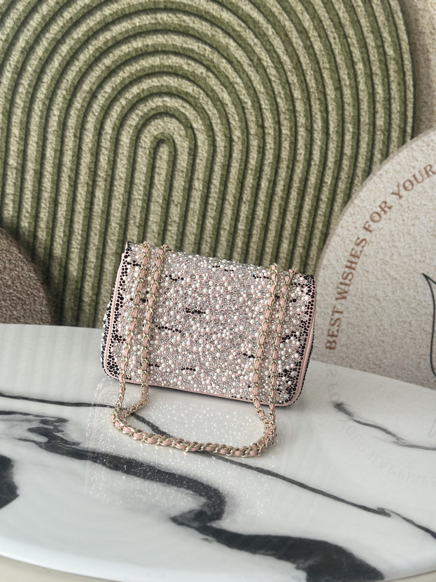 24C25C Small Classic Flap Bag in Sakura Pink Crystal & Pearl Embellished Lambskin with Leopard Pattern & Light Gold-Tone Hardware - Mocuir