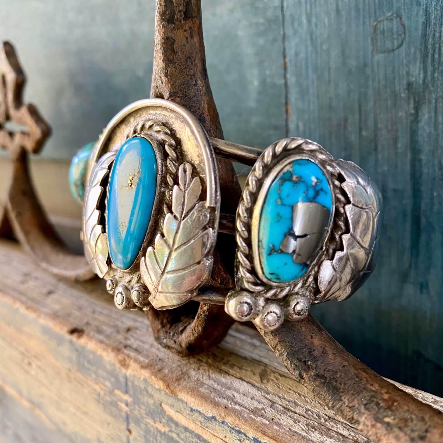 1950s Navajo Sterling Silver Cuff with Turquoise Huge Pyrite Inclusions