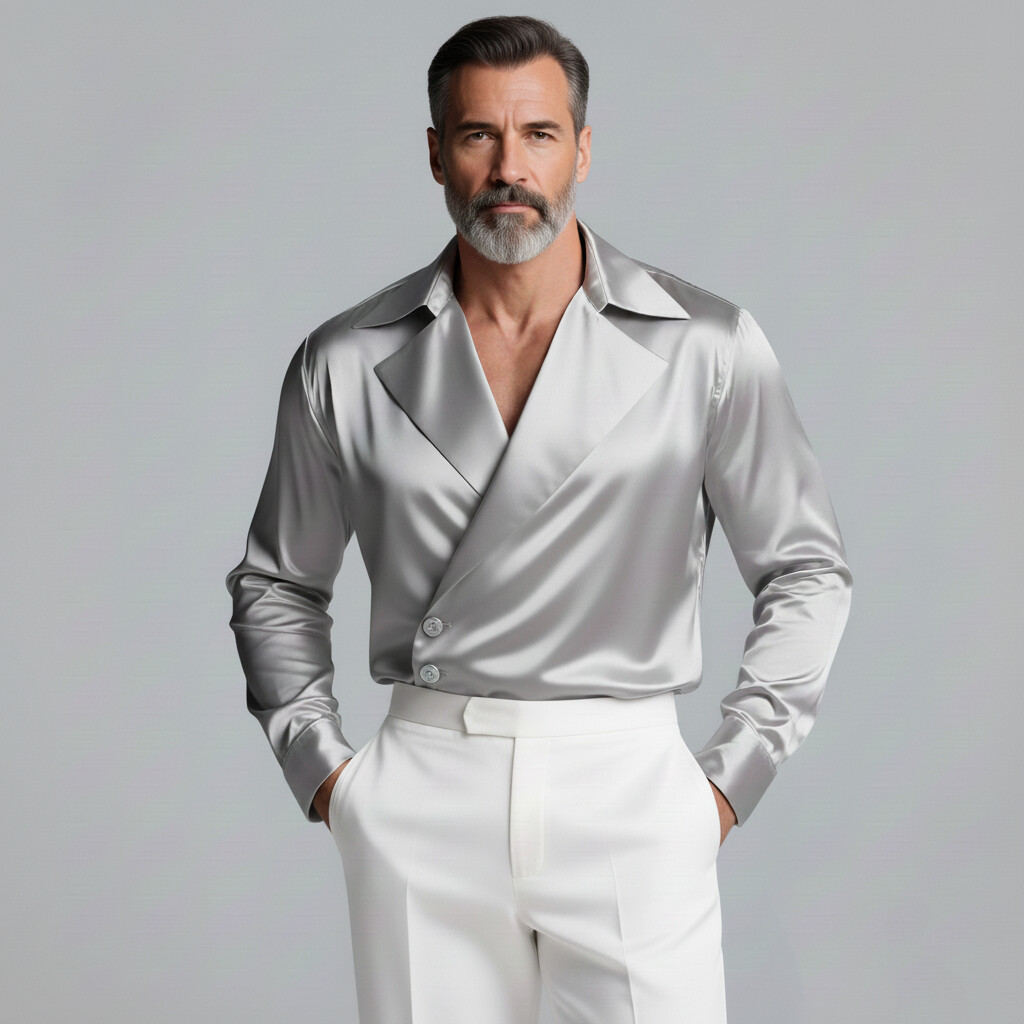 Men's Elegant Silver Lapel Collar Wrapped Buttons Satin Long Sleeve Shirt