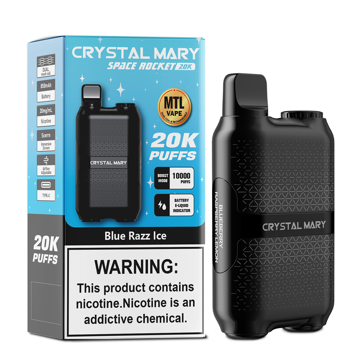 （3 pieces）CRYSTAL MARY 20000 20K Puffs Vape Dual Mesh LED Display Disposable Vape EU Warehouse