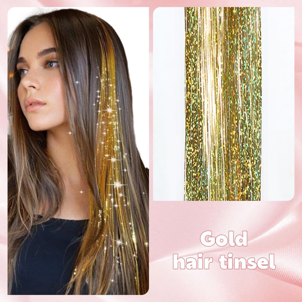 Gold Hair Tinsel Kit, 10 Packs Fairy Tinsel Hair Extensions for Teen Girls Heat Resistant Glitter Hair Accessories for Christmas New Year Halloween Cosplay Party(48 Inch)