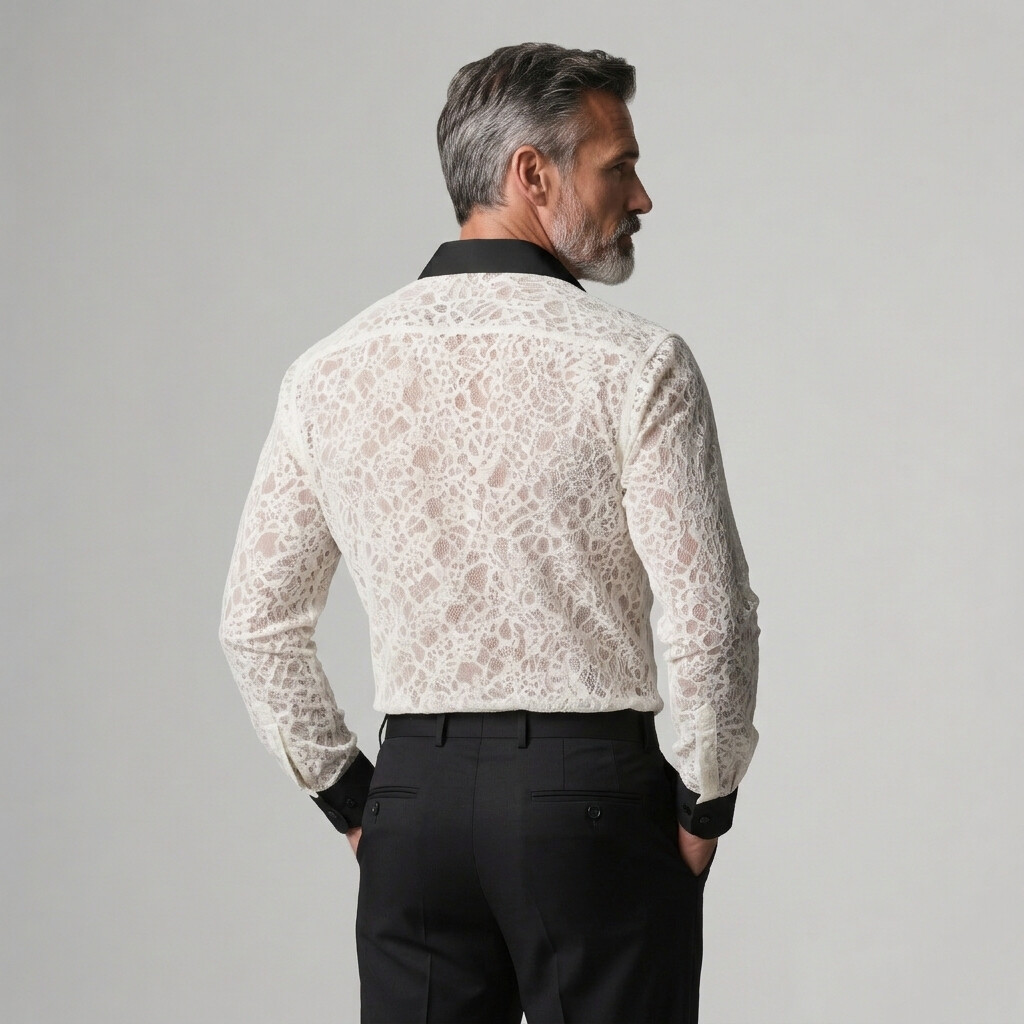 Men's Party Sheer Lace Contrast Trim Long Sleeve Shirt