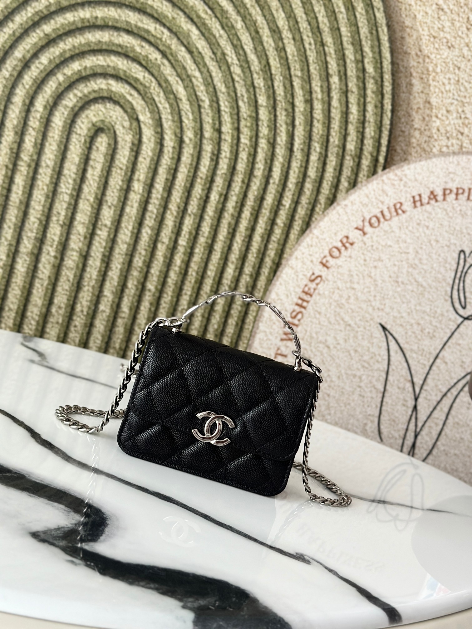 Mini Classic Flap with Chain Top Handle in Black Quilted Caviar Leather with Silver-Tone Hardware - Mocuir