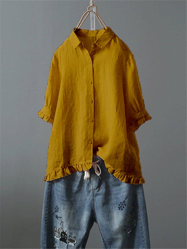 Solid Casual 3/4 Sleeve Turn-down Collar Casual Tops