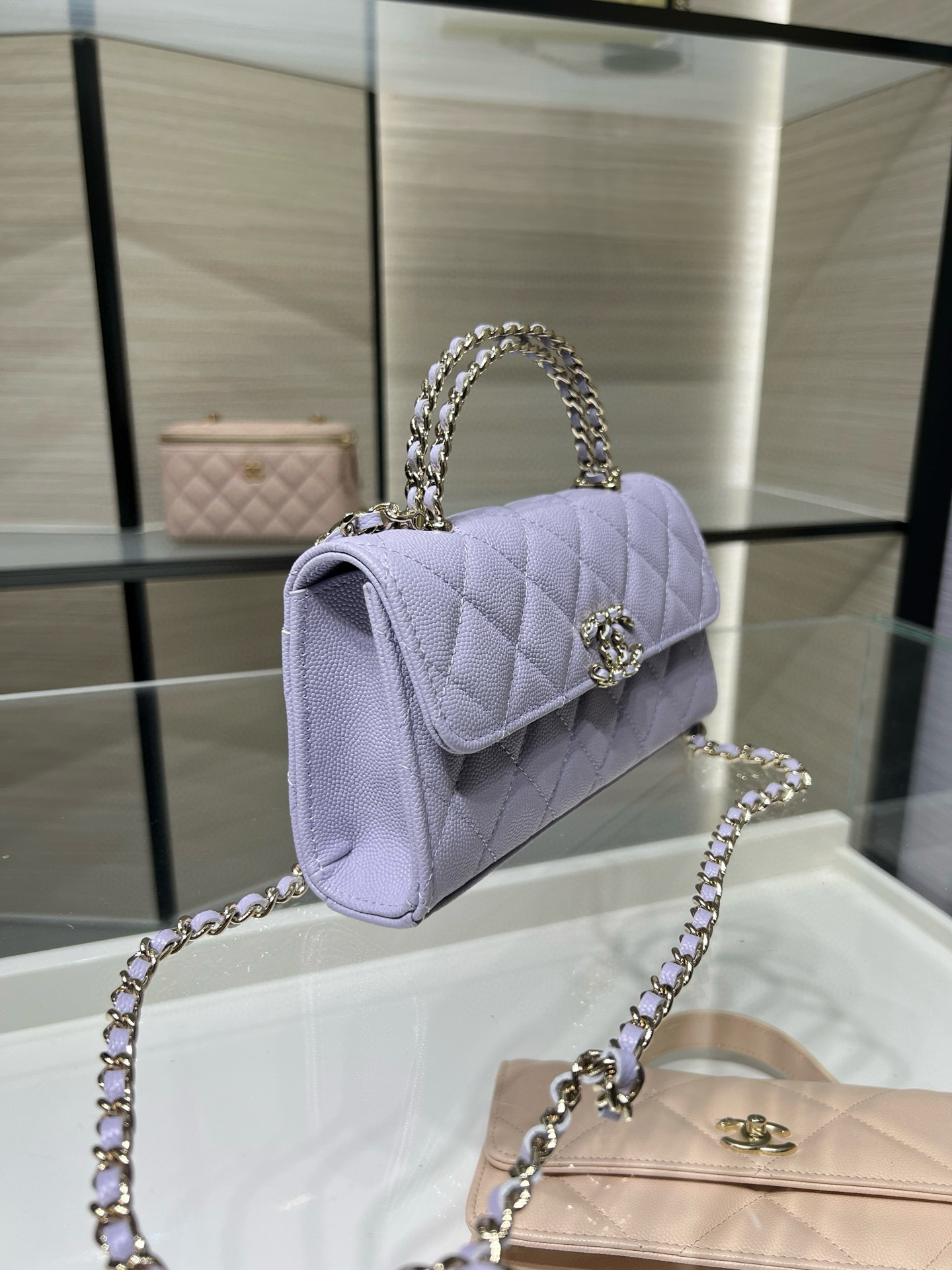 26S Spring-Summer Collection AP3238 Mini Top Handle Flap Bag in Purple Quilted Grained Calfskin (Caviar) with Gold-Tone Hardware - Mocuir