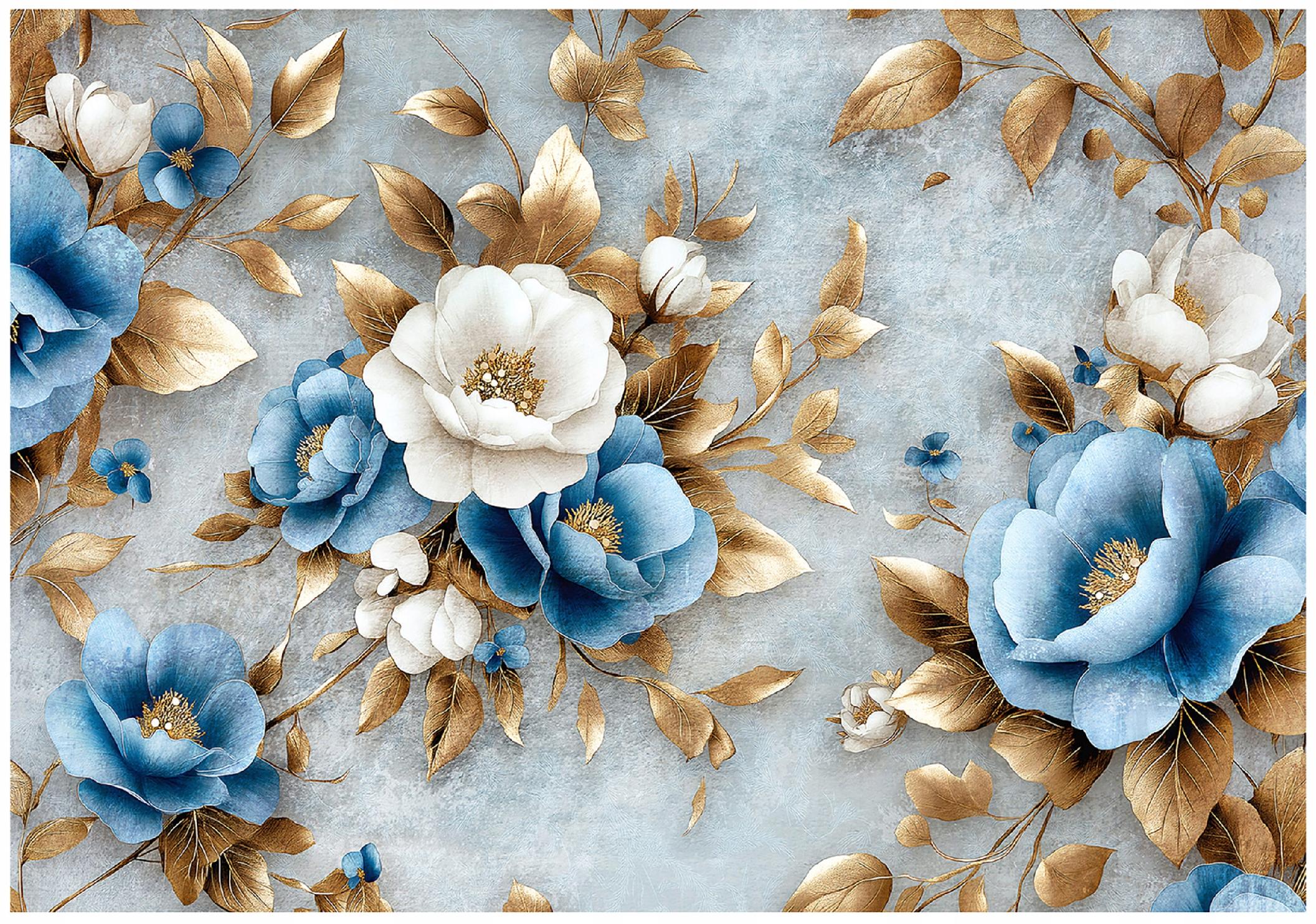 Blue and gold glamorous floral wall mural for the bedroom or living room