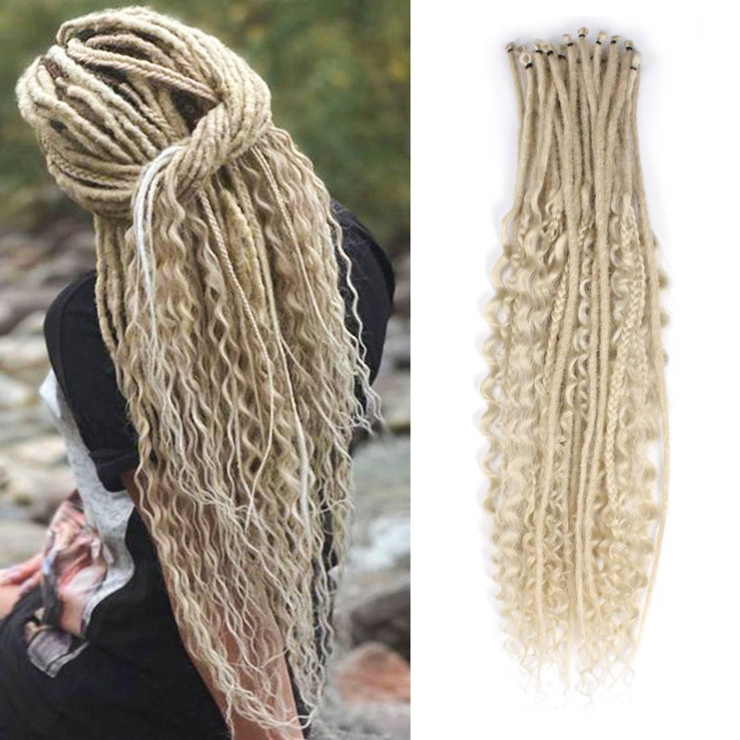 24 Inch 3 In 1 SE Dreadlock Extensions Sets, 30 Strands Mixed 613 Blonde Synthetic SE Dreads Extensions, 100% Handmade Soft Single Ended Curly Boho Wavy Dreads for Girls