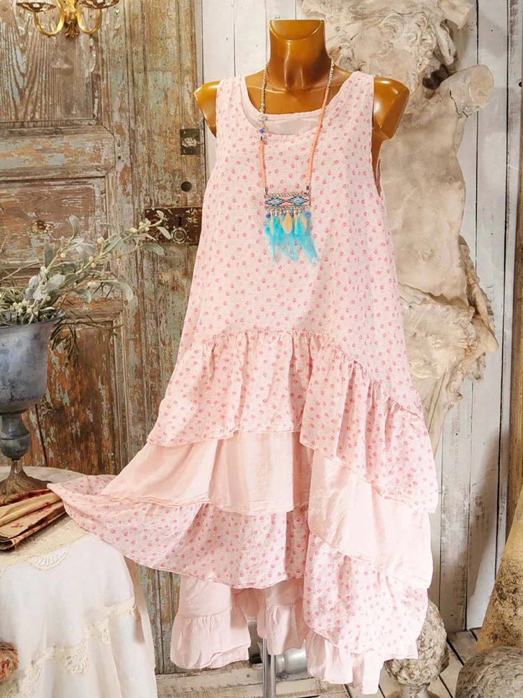 Women's Printed Sleeveless Maxi Hem Cotton Linen Dress