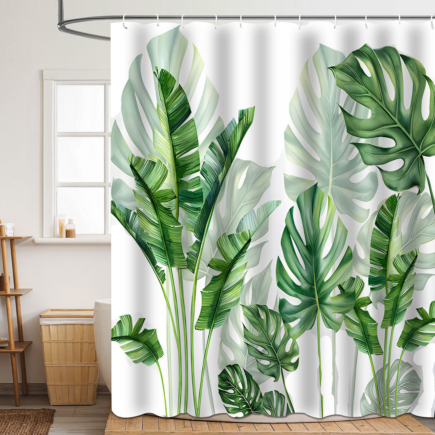 Shower curtain green plant leaf polyester 3d digital printing waterproof and mildew-proof shower bathroom partition