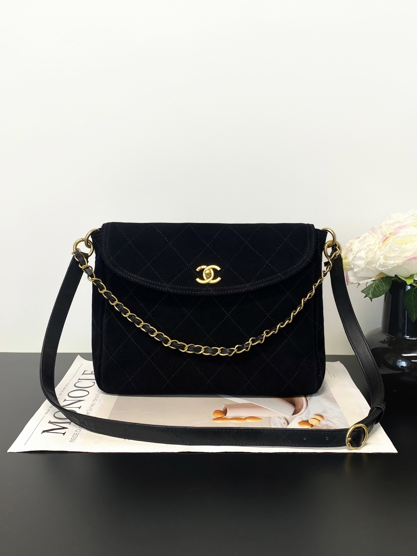 26C Hobo Flap Bag in Black Suede Calfskin with Gold Hardware (Model AS5886) - Mocuir