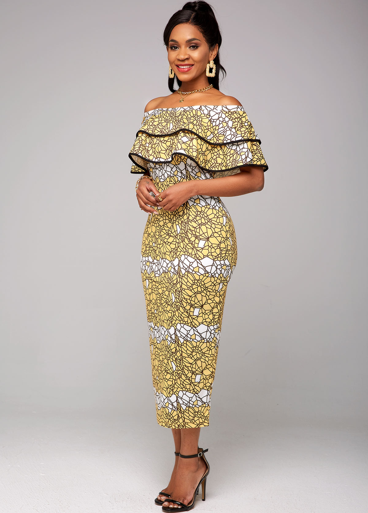Ruffle Overlay Printed Off Shoulder Dress