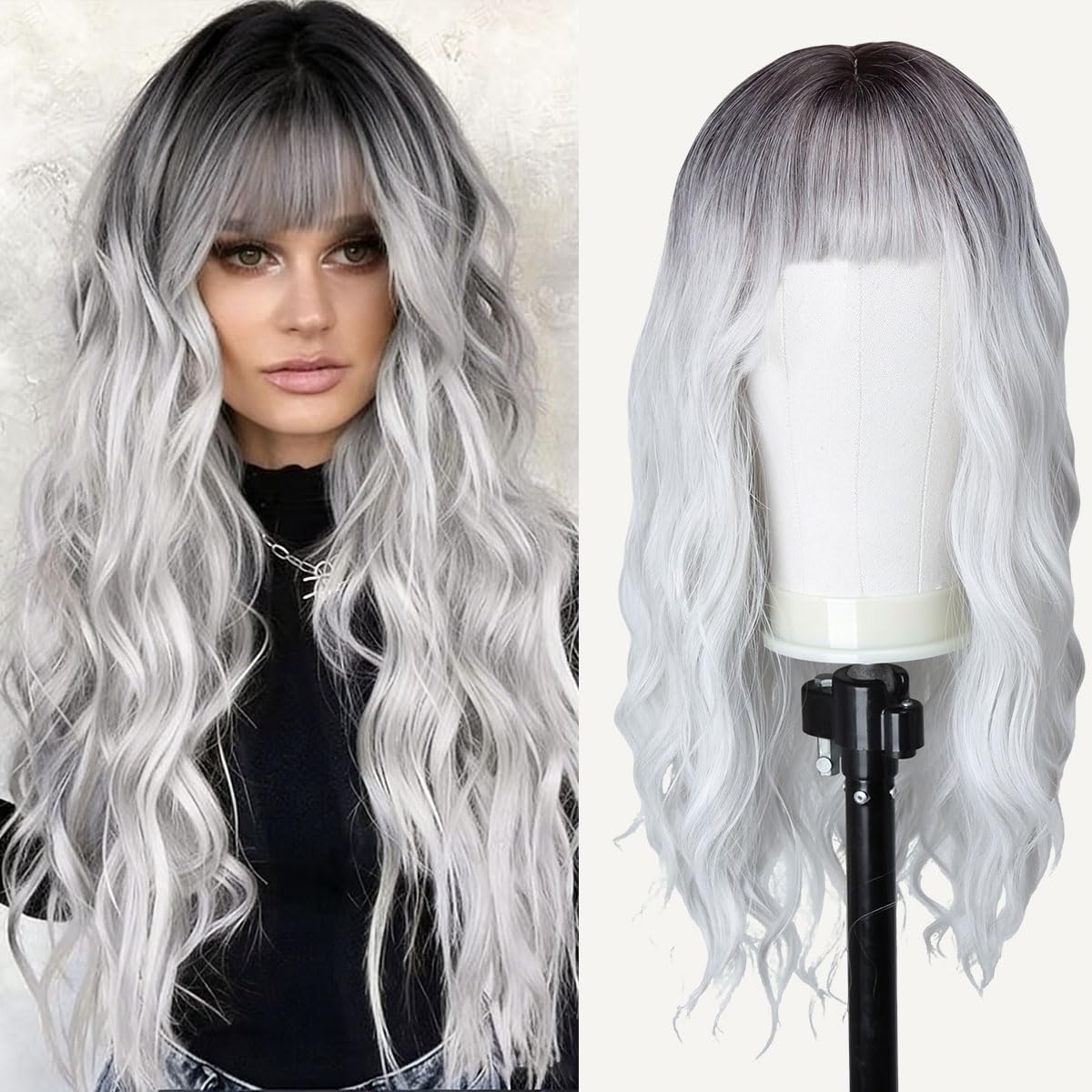 Silver Gray Wig with Bangs 26 Inch Long Curly Wavy Wigs for Women Begineer-friendly Synthetic Wig for Daily Party Holiday Use