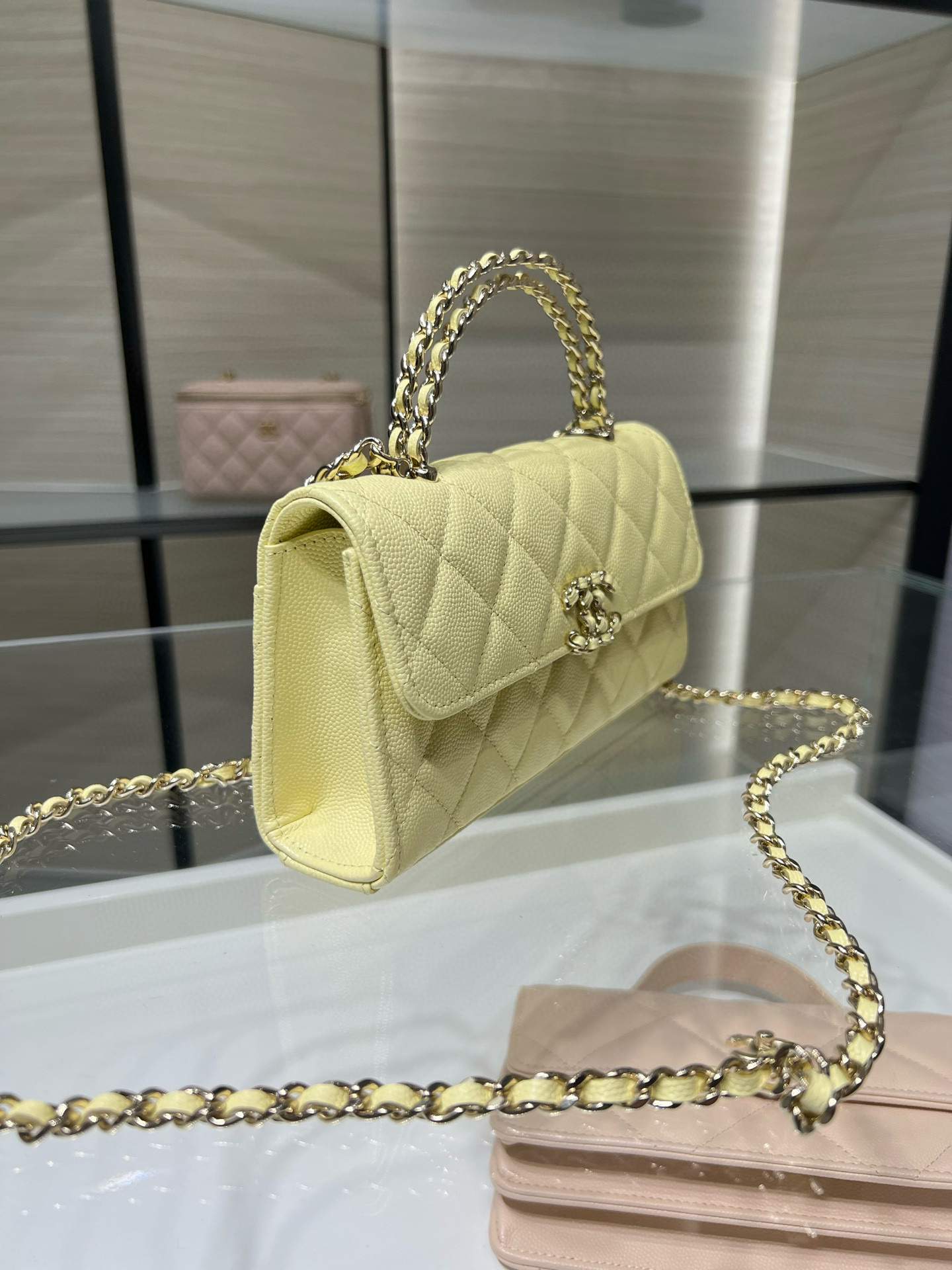 26S Spring-Summer Collection AP3238 Mini Top Handle Flap Bag in Yellow Quilted Grained Calfskin (Caviar) with Gold-Tone Hardware - Mocuir