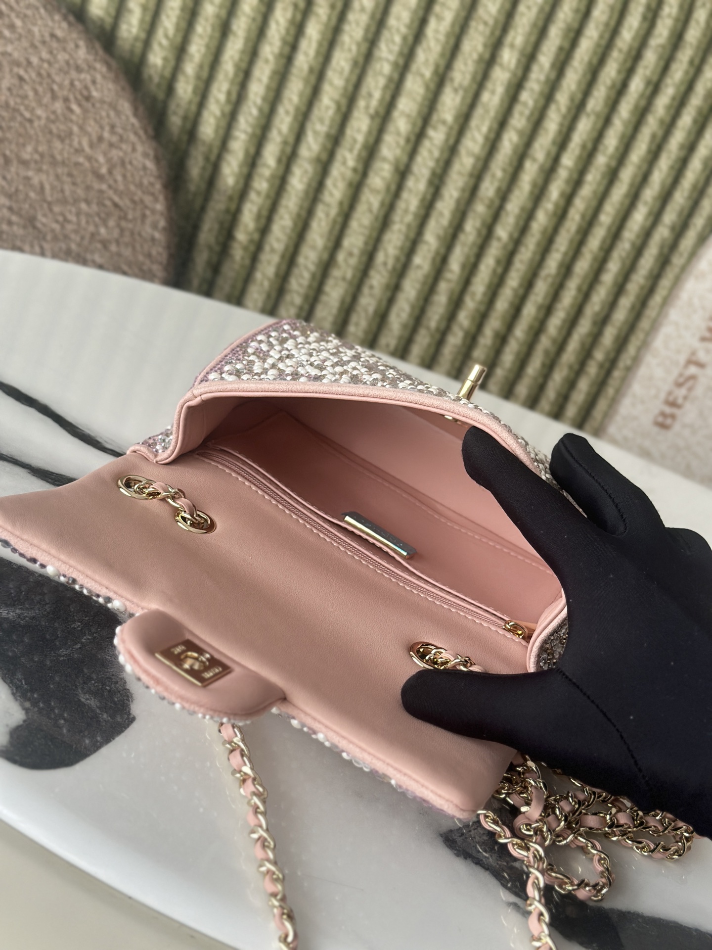 24C25C Small Classic Flap Bag in Sakura Pink Crystal & Pearl Embellished Lambskin with Light Gold-Tone Hardware - Mocuir