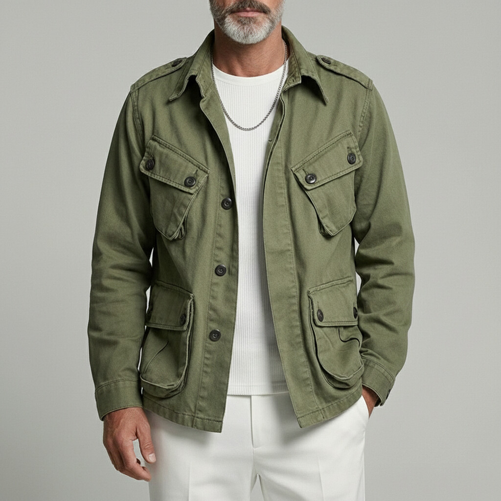 Men's Olive Green Lapel Collar Multi-Pocket Single Breasted Cargo Jacket
