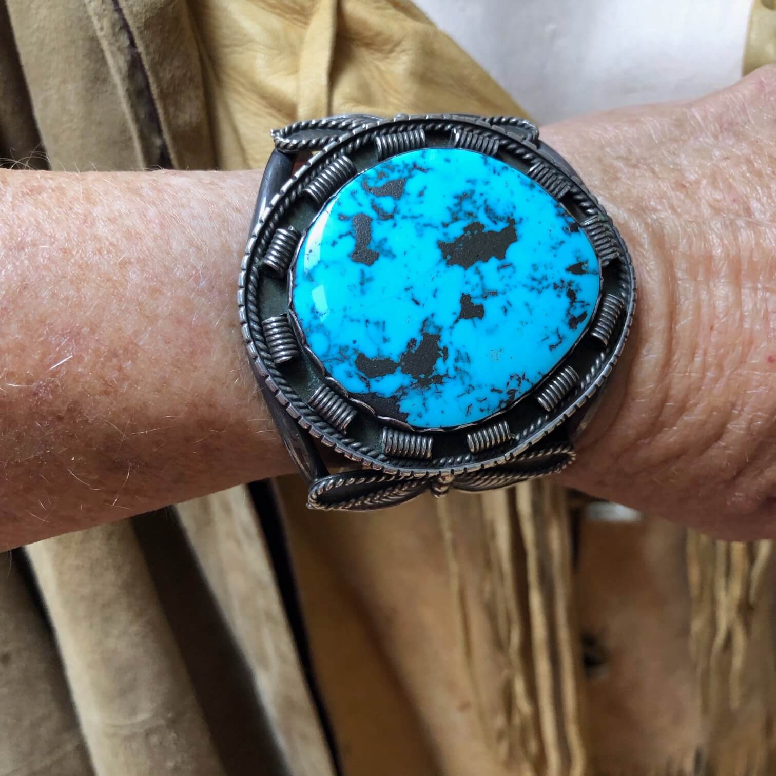 Vintage Navajo Sterling Silver Bracelet with Large Blue Turquoise
