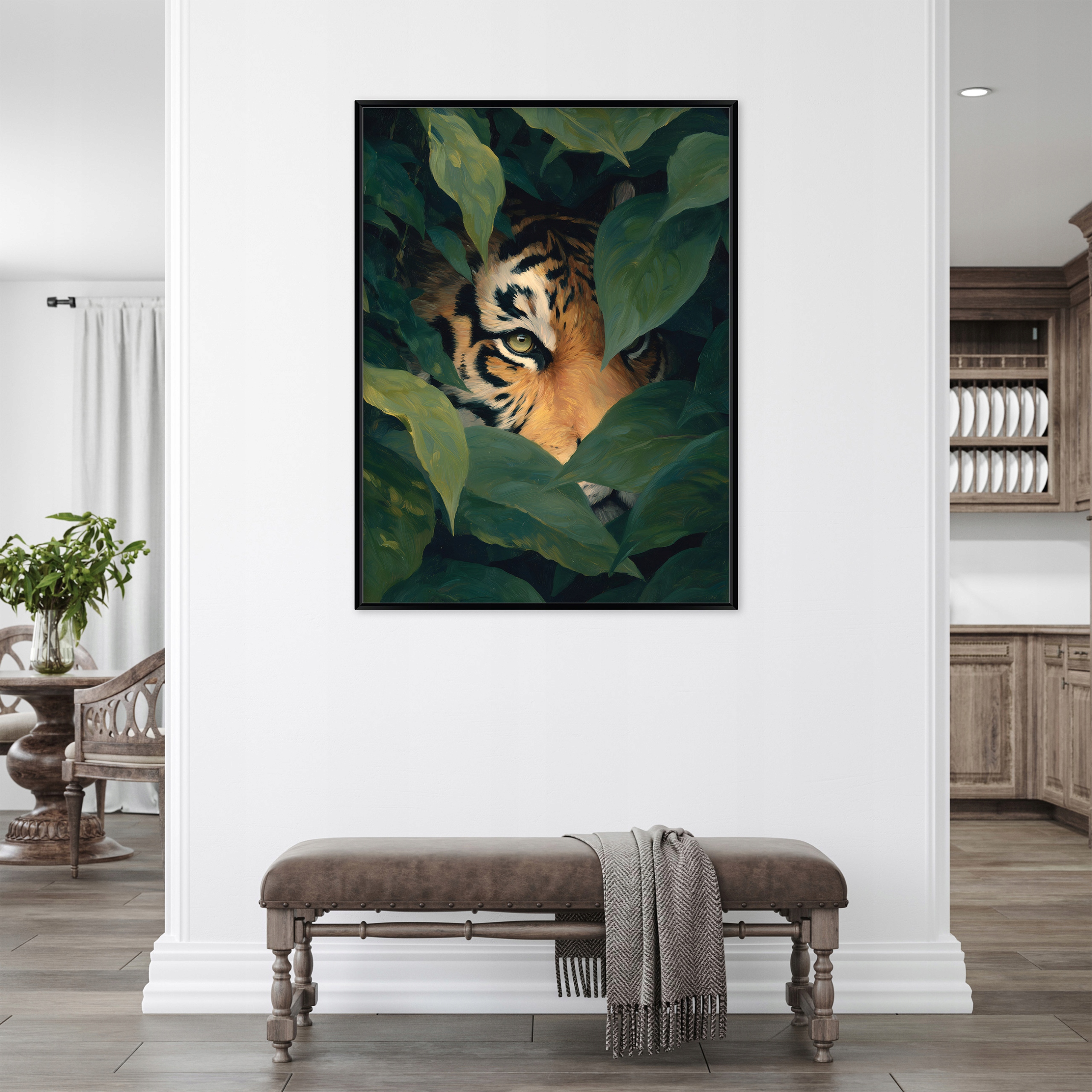 Black framed canvas painting tiger leaves living room bedroom 40x30