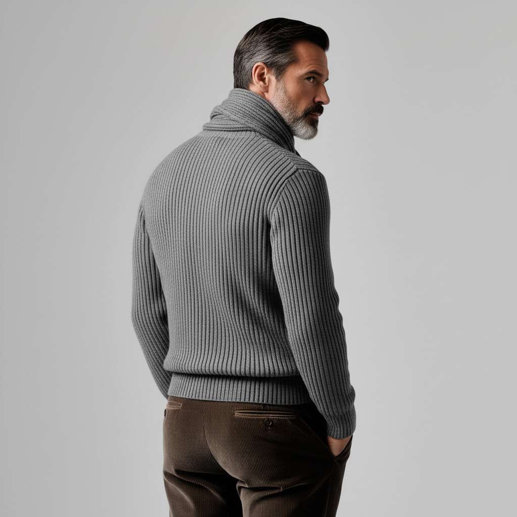 Men's Gray Ribbed Knit Long Sleeve High Neck Integrated Scarf Sweater