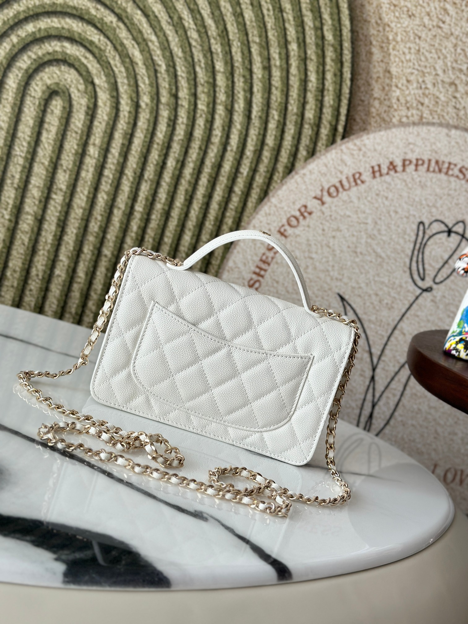 Classic Flap Mini Bag with Top Handle in White Caviar Leather with Light Gold Hardware (Model AP3341) - Mocuir