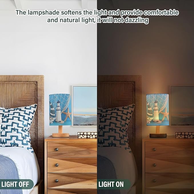 Table Lamp Nautical Sailboat Lighthouse Starfish Seashell Fishnet Blue Wood Nightstand Lamp