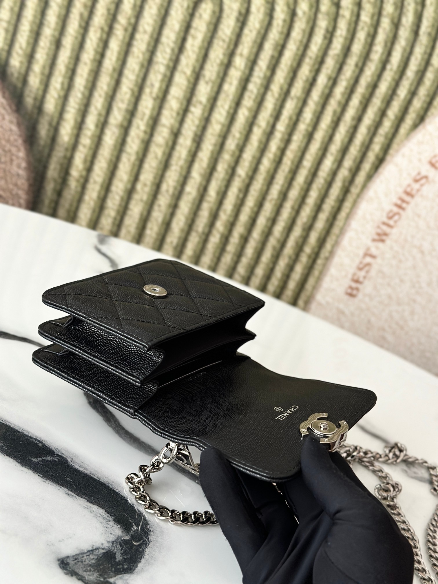 Mini Classic Flap with Chain Top Handle in Black Quilted Caviar Leather with Silver-Tone Hardware - Mocuir