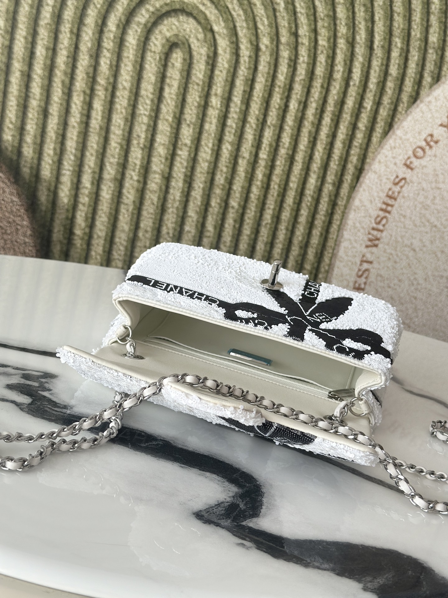 24B White & Black Sequin Bow Mini Classic Flap Bag with Silver-Tone Hardware - Mocuir