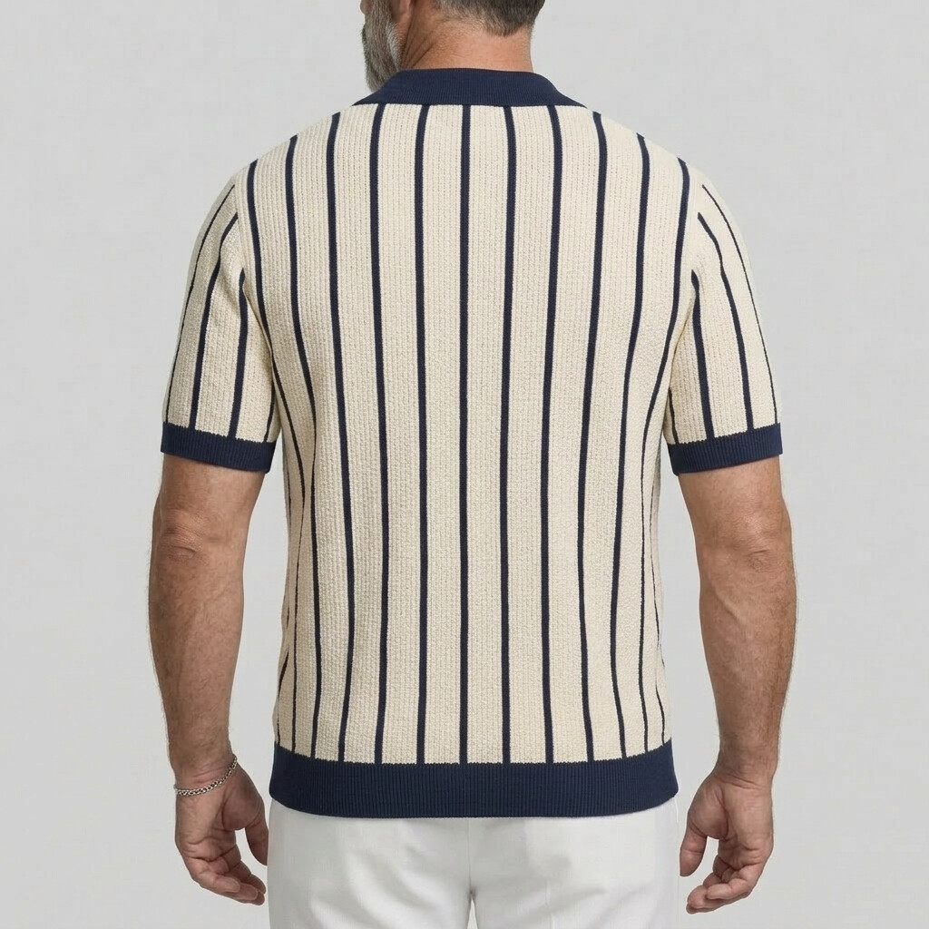 Men's Contrast Trim Striped Cable Knit Single Breasted Short Sleeve Shirt