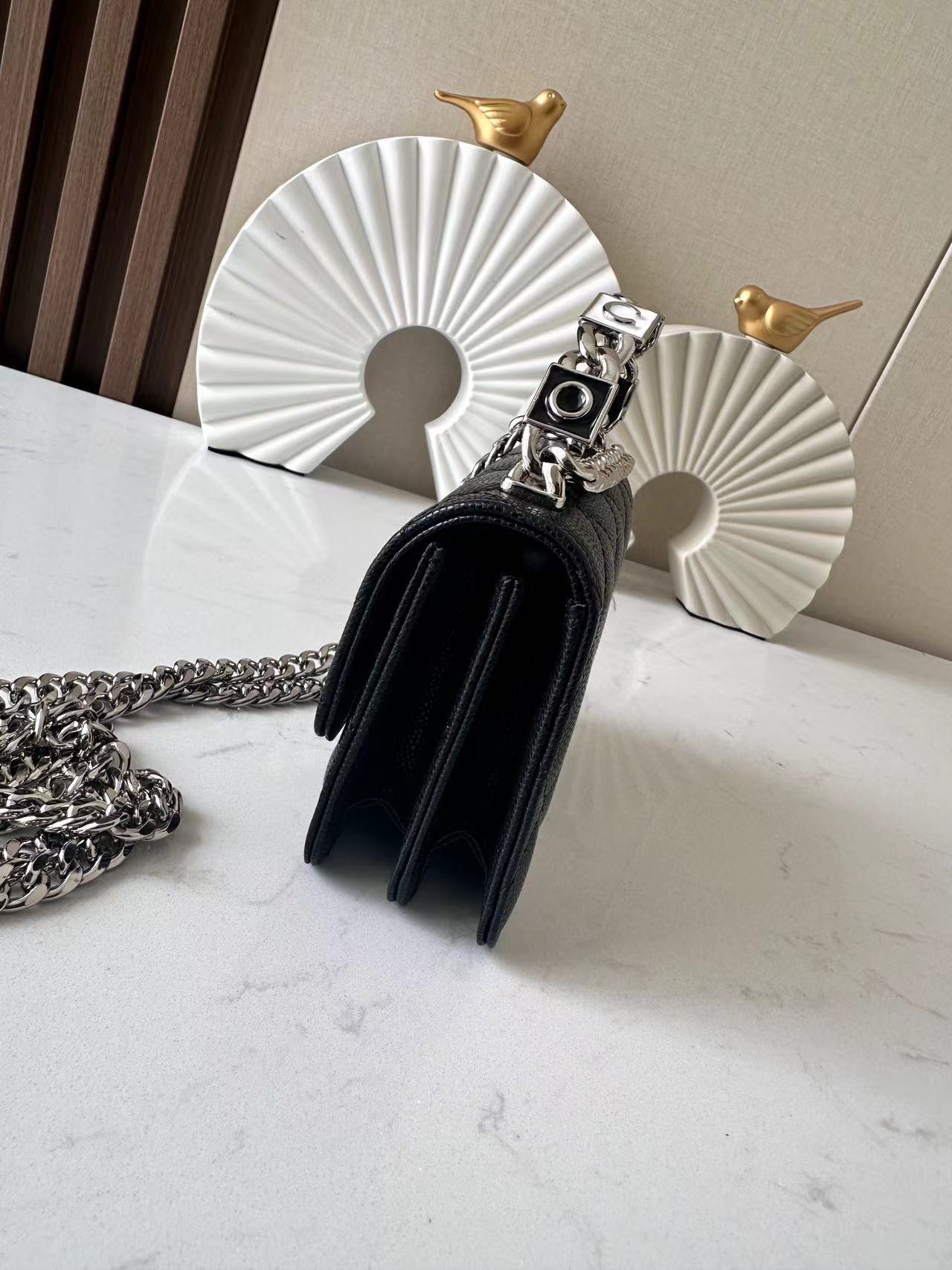 Classic Quilted Caviar Mini Flap Bag with Top Handle Chain in Black (Silver Hardware) - Mocuir