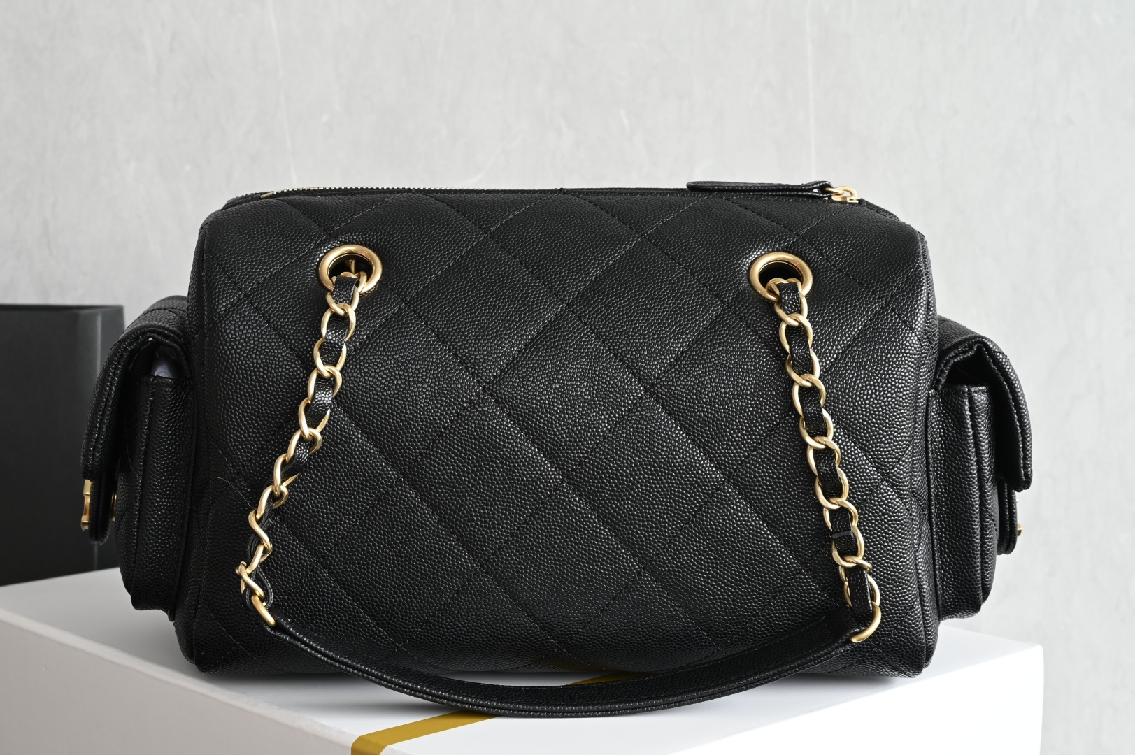 25K Fall-Winter Collection Quilted Grained Calfskin (Caviar) Bowling Bag with Gold-Tone Hardware & Side Pockets (Model AS5293) - Mocuir