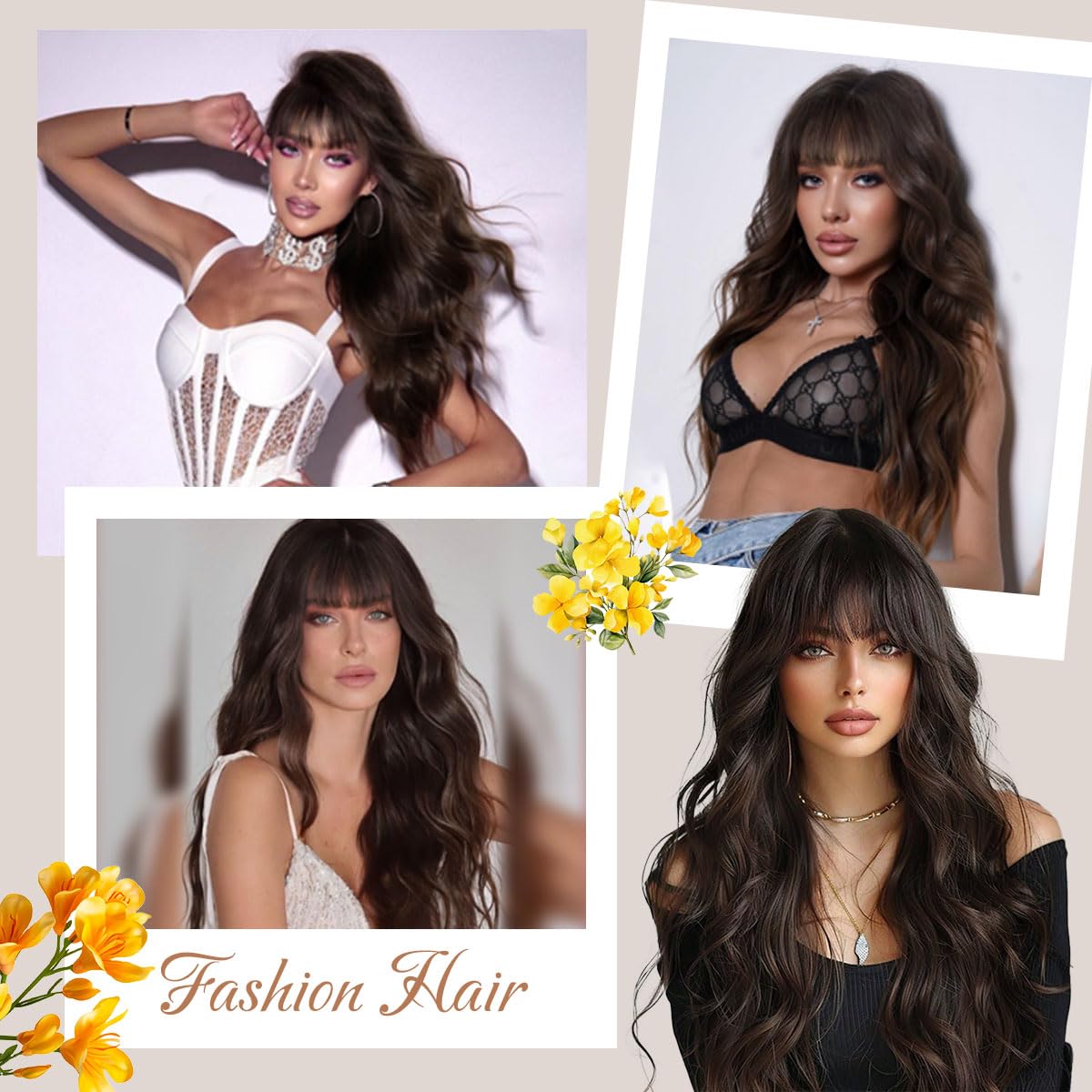 Dark Brown Wig with Bangs 26 Inch Long Curly Wavy Wigs for Women Begineer-friendly Synthetic Wig for Daily Party Holiday Use