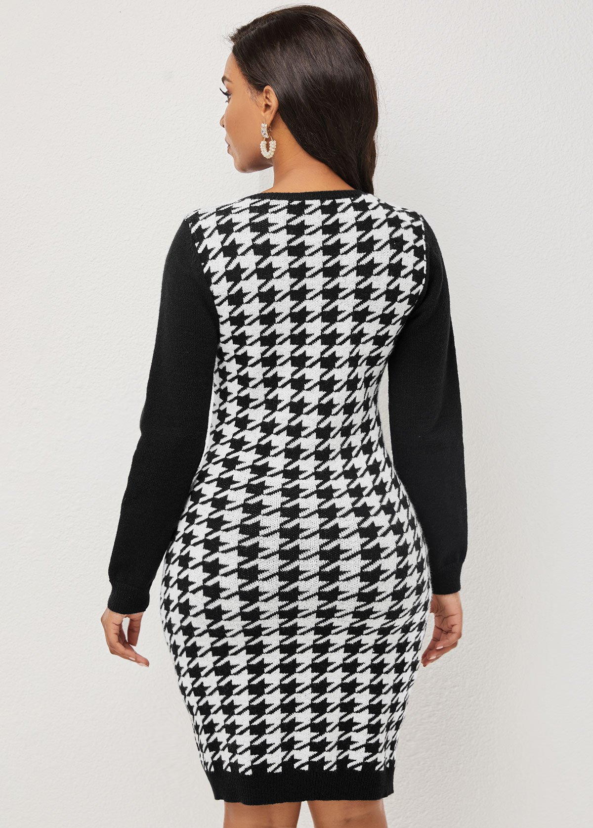 Color Block Houndstooth Print Long Sleeve Sweater Dress