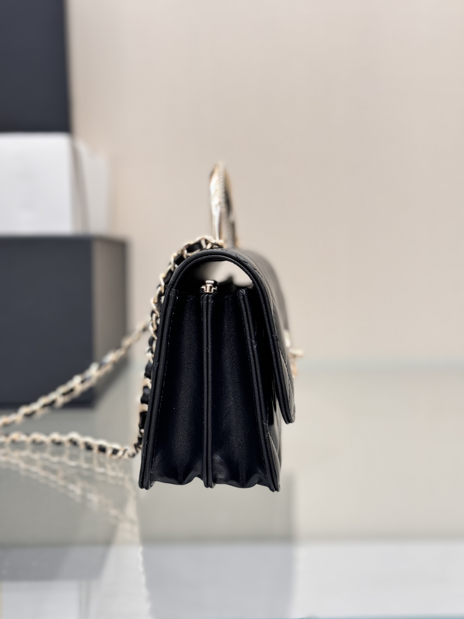 Wallet on Chain (WOC) with Crystal-Embellished Handle in Black Quilted Lambskin with Gold-Tone Hardware - Mocuir