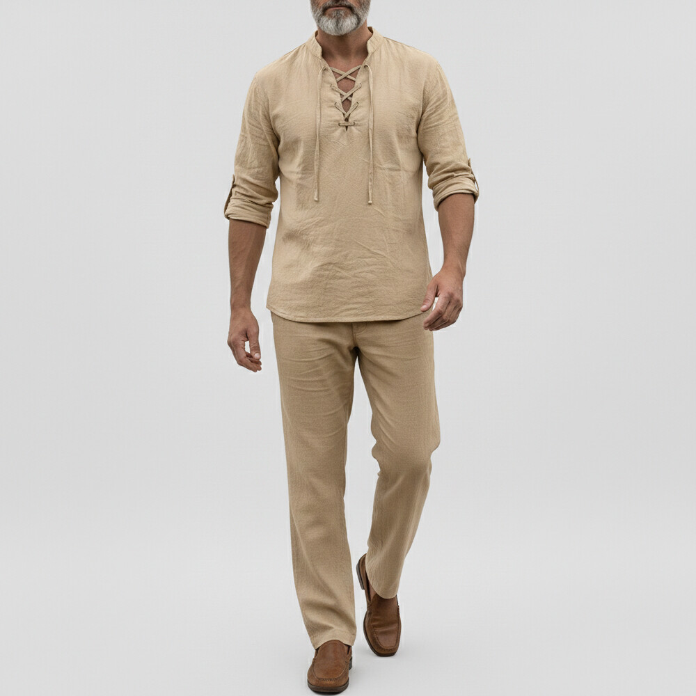 Men's Casual Solid Stand Collar Lace Up Long Sleeve Shirts